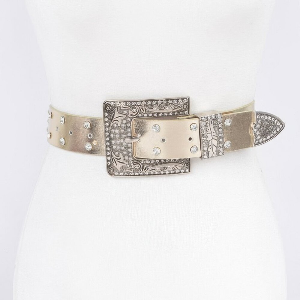 Rhinestone Buckle Metallic Plus Size Belt W/chain